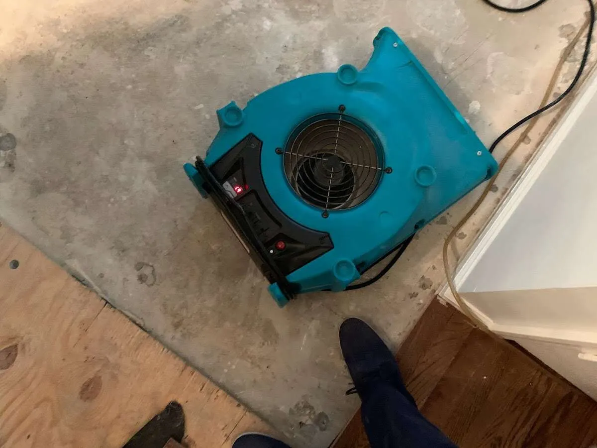 Air mover drying subfloor during Leak Detection & Repair in Marina del Rey