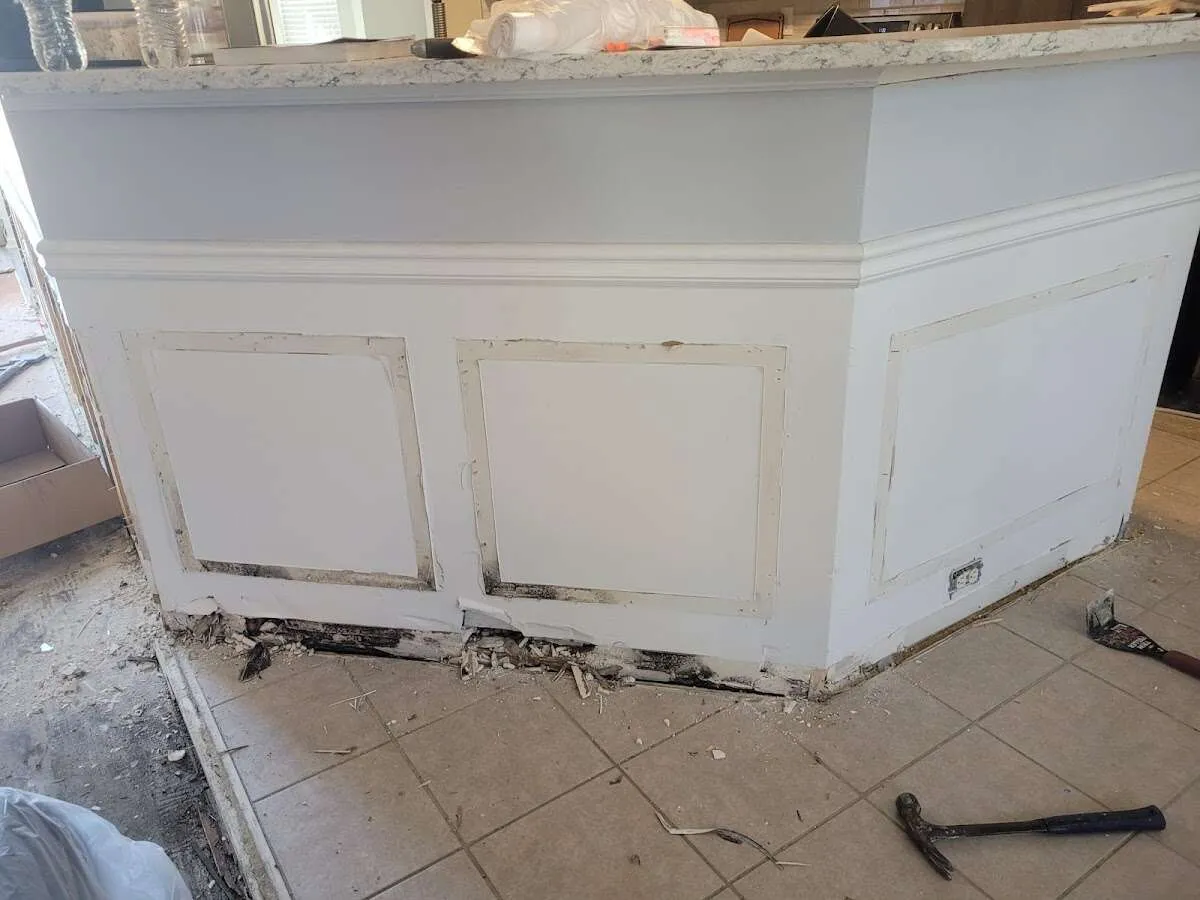 Water damage and mold on kitchen during Sewage Cleanup & Sanitation in Marina del Rey